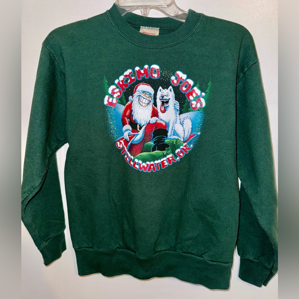 Eskimo Joe's Stillwater, OK Green Christmas Santa Dog Sweatshirt Youth L 14/16